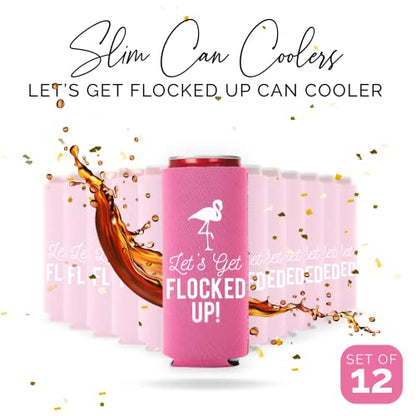  Let's Get Flocked UP!, Set Of 12 Slim Pink And White Can Coolers Cups, Flamingo Can Coolers Perfect Flamingo Party Supplies, Bachelorette Party, And Bridal Showers