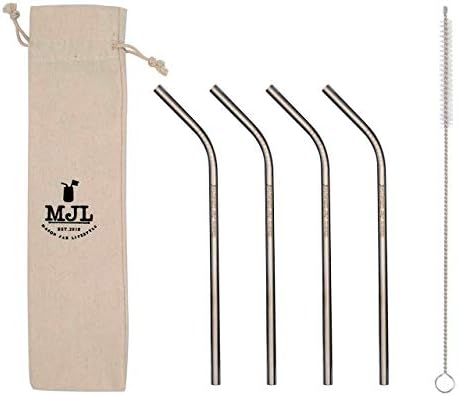  Combo Pack Thin Bent Stainless Steel Straws For Mason Jars (6 Pack + Cleaning Brush + Cloth Bag)