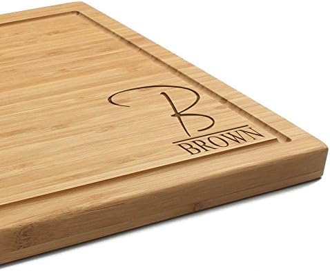  Custom Laser Engraved Bamboo Cutting Board - Letter Script Monogram Thin - 1 Piece - 11" X 11" X 0.75" (Grooved) - Customized Personalized Kitchen Gift For Couples, Weddings, Closing