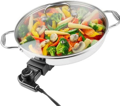  Electric Skillet By Cucina Pro - 18/10 Stainless Steel Frying Pan With Tempered Glass Lid And Handle, 16" Round With Adjustable Temperature Control Probe, Portable, Includes Recipe Guide, Great Gift