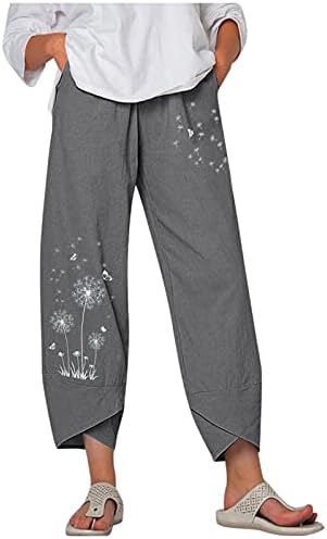  Kingspinner Capri Pants For Women Plus Size Cotton Linen Flowers Printed Pants Pockets Cotton Linen Elastic Waist Trousers