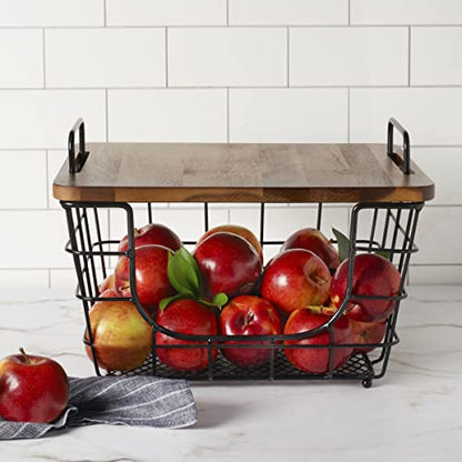  Dam Metal Stacking/Nesting Rectangular Basket With Acacia Lid, Antique Black