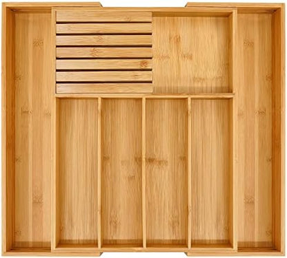  Bamboo Silverware Drawer Organizer Kitchen, Expandable Utensil Holder And Cutlery Tray With Divider | 13"-21.6" Flatware Storage And Removable Knife Block