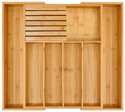  Bamboo Silverware Drawer Organizer Kitchen, Expandable Utensil Holder And Cutlery Tray With Divider | 13"-21.6" Flatware Storage And Removable Knife Block