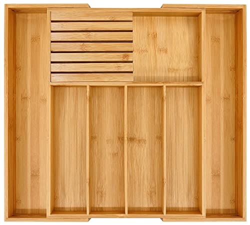  Bamboo Silverware Drawer Organizer Kitchen, Expandable Utensil Holder And Cutlery Tray With Divider | 13"-21.6" Flatware Storage And Removable Knife Block