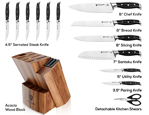  Kitchen Knife Set With Block, Full Tang 15 Pcs Professional Chef Knife Set With Knife Sharpener, NSF (Food Safe) German Stainless Steel Knife Block Set, Steel-king Series With Gift Box
