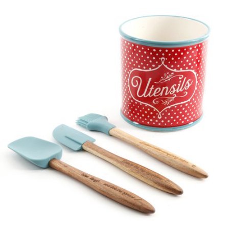  Flea Market 4-Piece Utensil Set With Crock Holder - Polka Dot