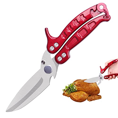  Red Poultry Shears, Heavy Duty Kitchen Scissors With Built-In Spring, Detachable Kitchen Shears With Safety Lock, Sharp Stainless Steel Cooking Scissors For Chicken/Bone/Turkey/Seafood/Fish