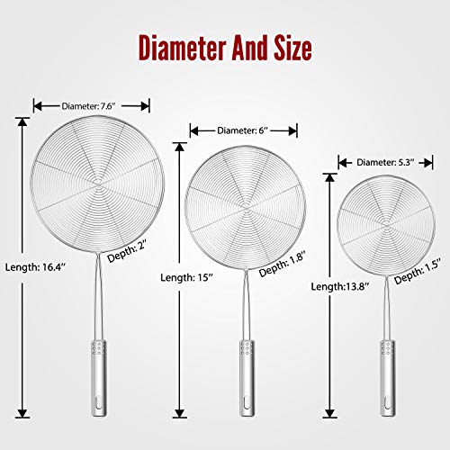  Iware Extra Large Spider Strainer Skimmer Spoon For Frying And Cooking - Set Of 3 Stainless Steel Wire Pasta Strainer With Long Handle, Professional Kitchen Skimmer Ladle - 13.8", 15" & 16.4"