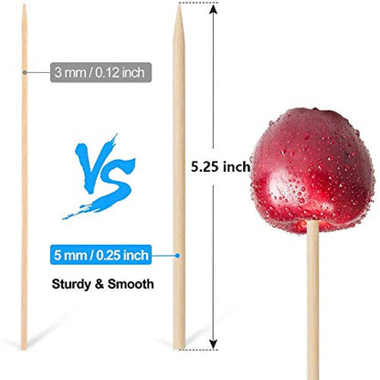  Wooden Candy Apple Skewer Sticks, 6mm 5.25inch Natural Bamboo Skewers BBQ Caramel Apple Sticks Cotton Candy Stick Rock Candy Stick Skewer Semi Pointed Lollipop Sticks Barbecue Corn Dog