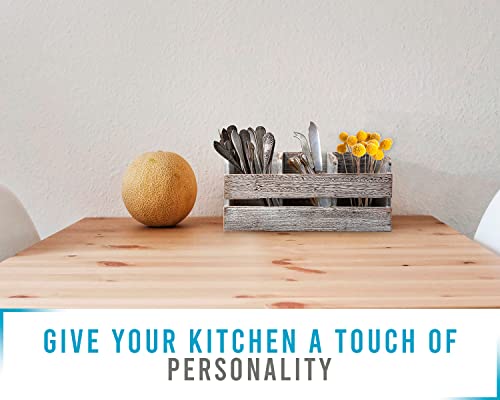  Farmhouse Utensil Organizer For Kitchen Countertop - Wooden Utensil Crock With 3 Large Storage Compartments & Hanging Option - Rustic Spatula Holder Caddy In Distressed White - Size