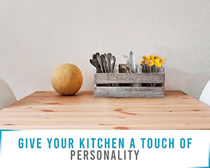  Farmhouse Utensil Organizer For Kitchen Countertop - Wooden Utensil Crock With 3 Large Storage Compartments & Hanging Option - Rustic Spatula Holder Caddy In Distressed White - Size
