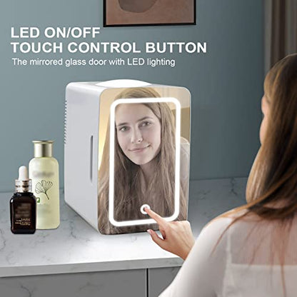  Mini Fridge 6L Capacity, Portable Small Refrigerator Cooler Or Warmer, AC DC Powered, Skincare Fridge With Mirror Door, For Food, Cosmetics, Home, Office And Car - White