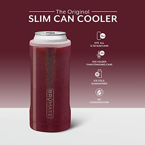  Hopsulator Slim Can Cooler Insulated For 12oz Slim Cans | Skinny Can Coozie Insulated Stainless Steel Drink Holder For Hard Seltzer, Beer, Soda, And Energy Drinks (Glitter Merlot)