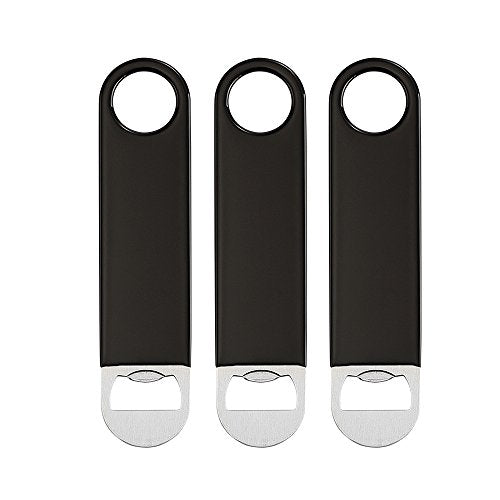  3 Pack 7" Speed Openers, Heavy Duty Stainless Steel Flat Beer Bottle Opener, Black Rubber Coated Bottle Opener Bartender