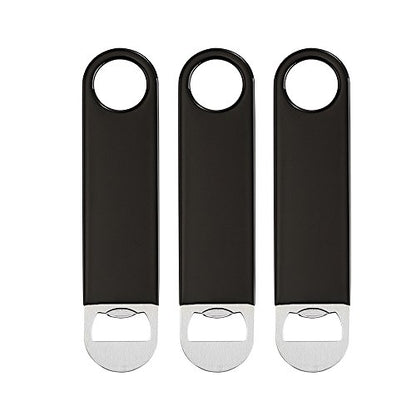  3 Pack 7" Speed Openers, Heavy Duty Stainless Steel Flat Beer Bottle Opener, Black Rubber Coated Bottle Opener Bartender