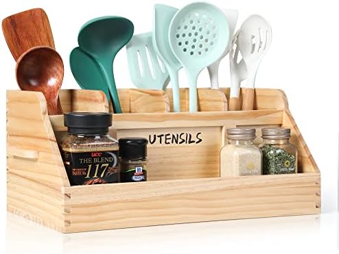  Kitchen Utensil Holder For Countertop With 4 Compartments, Utensil Holder Kitchen Utensil Organizer With Handles, Wood Utensil Holder For Home Decor (Utensil Not Included)