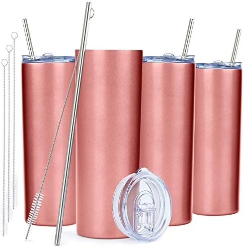  Kinny Tumblers With Lids And Straws (4 Pack) - 20 Oz Double Wall Insulated Slim Stainless Steel Silver Tumblers With Straw Cleaner | Reusable Travel Mug For Hot And Cold Beverages