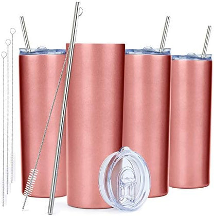  Kinny Tumblers With Lids And Straws (4 Pack) - 20 Oz Double Wall Insulated Slim Stainless Steel Silver Tumblers With Straw Cleaner | Reusable Travel Mug For Hot And Cold Beverages