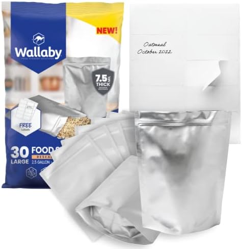  50x Wallaby 1-Quart Gusset Mylar Bag Bundle - (6 Mil - 7" X 10") Stand-Up Zipper Pouches + 50x Labels - Heat Sealable, Food Safe, & Reliable Long Term-Food Storage Solutions - Silver
