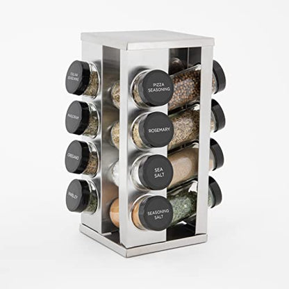  Kamenstein 16 Jar Heritage Revolving Countertop Spice Rack Organizer With Spices Included, FREE Spice Refills For 5 Years, Brushed Stainless Steel With Black Caps