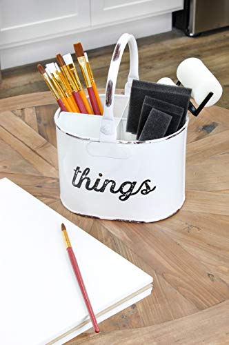  Rustic White Enamelware Caddy, 4-Compartment Farmhouse Decor Organizer For Utensils, Pencils, And More Things