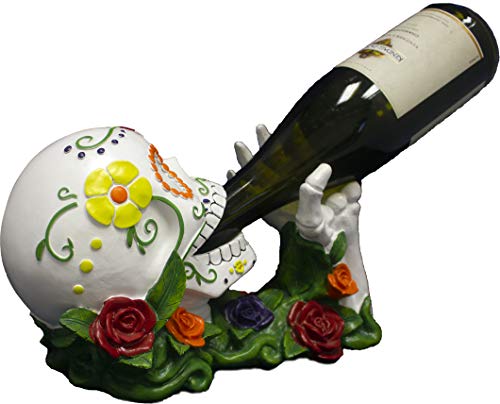  Orld Of Wonders Sugar Skull Day Of The Dead Decorative Wine Bottle Holder | Dia De Los Muertos Decorations And Tabletop Halloween Decorations | Skull Decor For Home - 11"