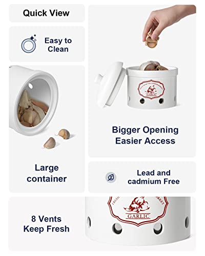 Garlic Keeper, 5 Inch Vented Ceramic Storage Container Holder, Reserve For Garlic, Onion, Lemon, Patato, Ginger Or Shallots, 1 Pack, White