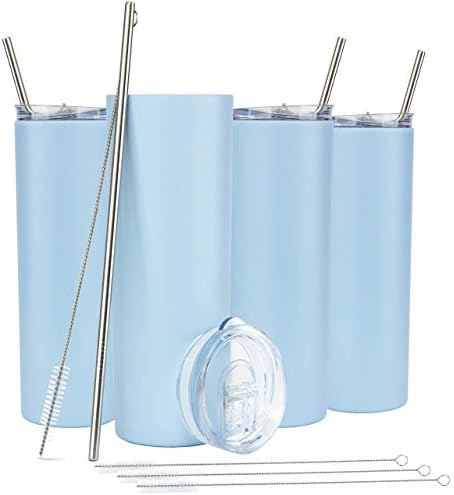  Kinny Tumblers With Lids And Straws (4 Pack) - 20 Oz Double Wall Insulated Slim Stainless Steel Silver Tumblers With Straw Cleaner | Reusable Travel Mug For Hot And Cold Beverages