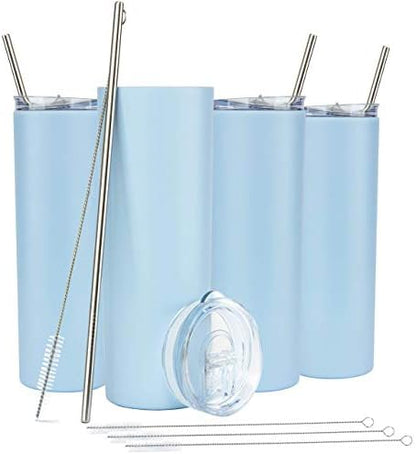  Kinny Tumblers With Lids And Straws (4 Pack) - 20 Oz Double Wall Insulated Slim Stainless Steel Silver Tumblers With Straw Cleaner | Reusable Travel Mug For Hot And Cold Beverages