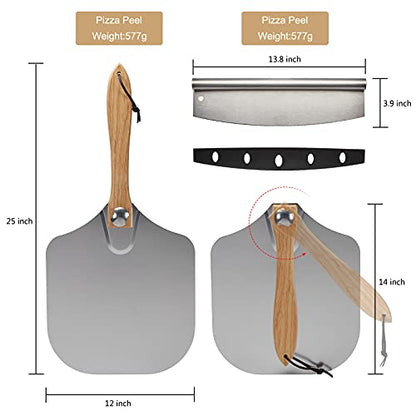  Izza Peel (14"x12") W/Pizza Cutter & Infrared Laser Temperature Thermometer Gun| INKBIRDPLUS Pizza Peel W/Foldable Wood Handle For Easy Storage To Baking & Slicing Homemade Pizza Bread Pie Pastry
