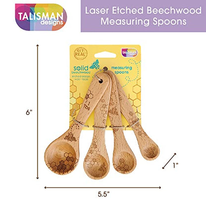  Laser Etched Beechwood Measuring Spoons | Set Of 4 | Honey Bee Design | Natural Wooden Measuring Spoons Set | Cute & Functional Kitchen Tools