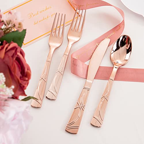  120 PCS Rose Gold Disposable Silverware, Rose Gold Cutlery Includes: 40 Rose Gold Plastic Forks, 40 Rose Gold Plastic Knives, 40 Rose Gold Plastic Spoons, Plastic Silverware For Parties