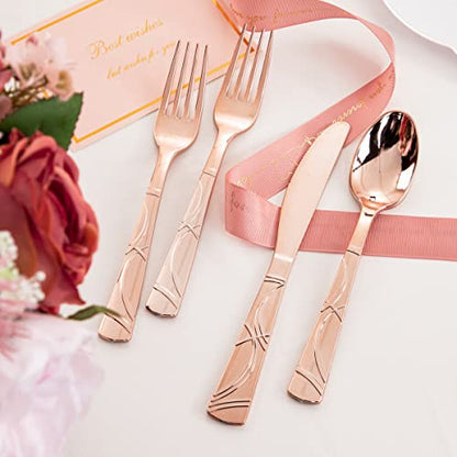  120 PCS Rose Gold Disposable Silverware, Rose Gold Cutlery Includes: 40 Rose Gold Plastic Forks, 40 Rose Gold Plastic Knives, 40 Rose Gold Plastic Spoons, Plastic Silverware For Parties