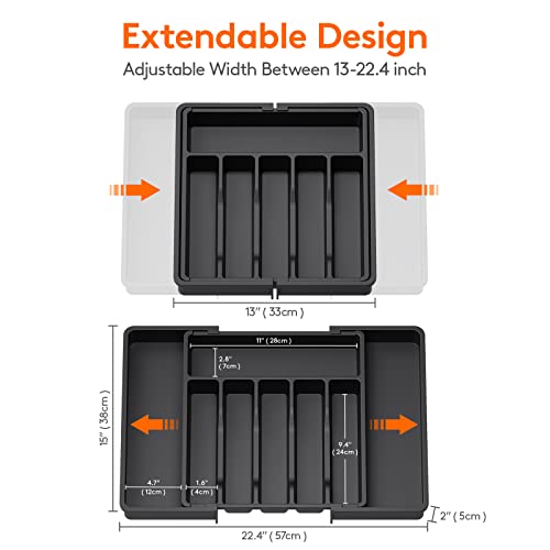  Silverware Drawer Organizer, Expandable Utensil Tray For Kitchen, Adjustable Flatware And Cutlery Holder, Compact Plastic Storage For Spoons Forks Knives, Large, Black