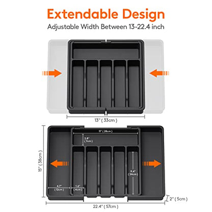  Silverware Drawer Organizer, Expandable Utensil Tray For Kitchen, Adjustable Flatware And Cutlery Holder, Compact Plastic Storage For Spoons Forks Knives, Large, Black