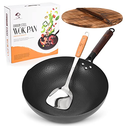  Wok Pan 12.5” Carbon Steel Woks & Stir-Fry Pans Flat Bottom Wok With Lid And Spatula, No Chemical Coated Non-Stick Wok For Electric, Induction And Gas Stoves