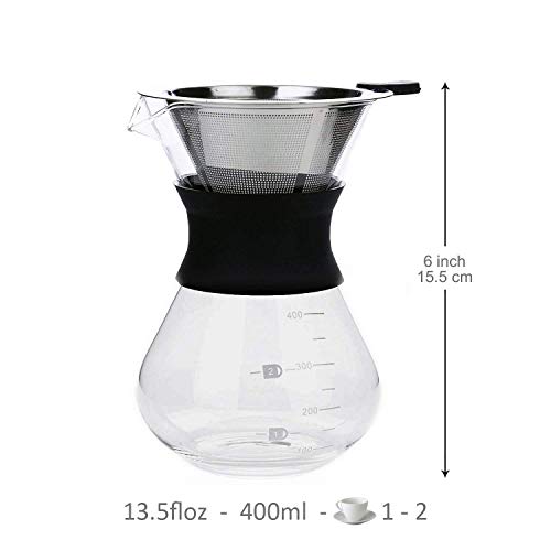  LEZIP Pour Over Coffee Maker Set With Reusable Stainless Steel Drip Filter Elegant Coffee Dripper Pot Glass Carafe & Permanent Stainless Steel Filter