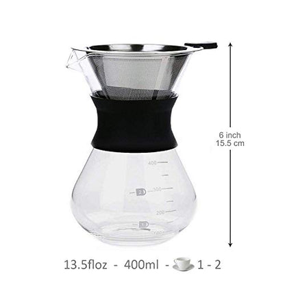  LEZIP Pour Over Coffee Maker Set With Reusable Stainless Steel Drip Filter Elegant Coffee Dripper Pot Glass Carafe & Permanent Stainless Steel Filter