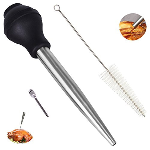  Home Servz Deluxe 304 Stainless Steel Turkey Baster Syringe Injector Needle With Cleaning Brush- Newest Black Silicone Bulb
