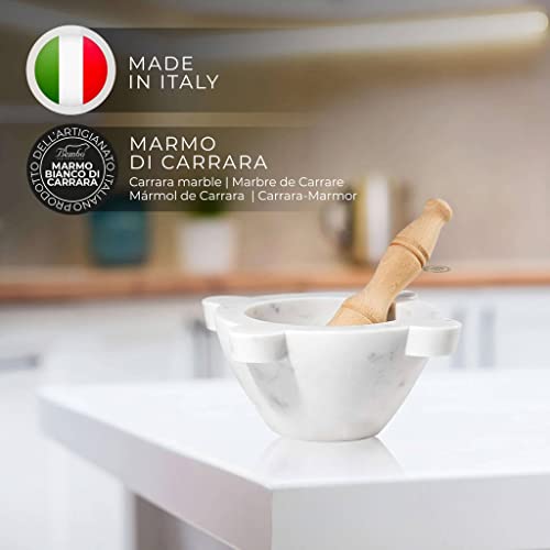  Mortar In White Carrara Marble With Pestle Made In Italy - For Pesto Or Spices - Genovese Model (ø 18 Cm)