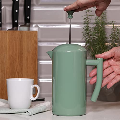  Double-Walled Stainless Steel French Press Coffee Maker, Dilly Bean Green, 34 Fl Oz.