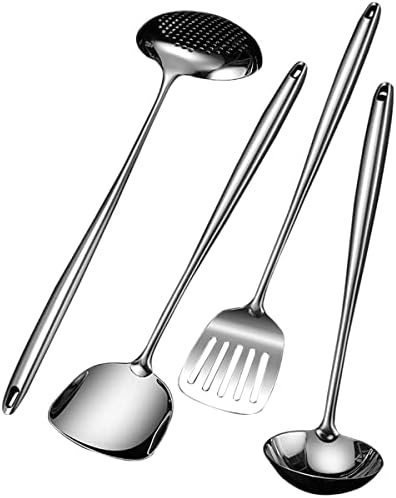  Wok Spatula And Ladle,Skimmer Slotted Spoon Set - Asian Wok Cooking Tools - 304 Stainless Steel Wide Wok Spatula - Wok Utensils Set Professional