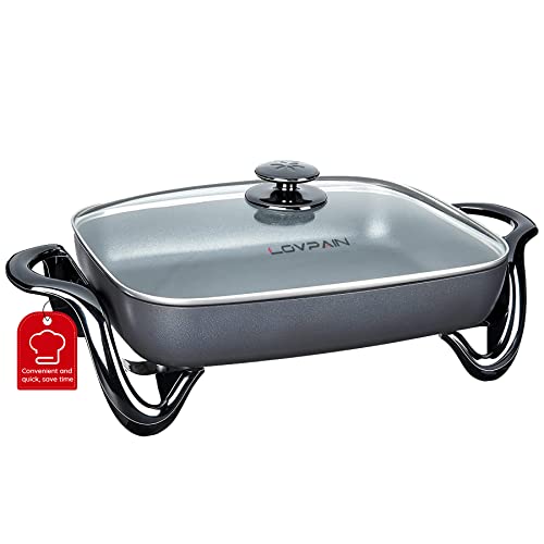  Black Electric Skillet, Spout Dishwasher Safe, Scratch Resistant, Non-Stick, Anti Slip Chassis, Adjustable Temperature