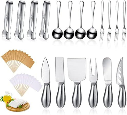  Charcuterie Board Accessories Cheese Spreader Knife Set Cheese Butter Knife Stainless Steel Mini Serving Tongs Spoons Appetizer Forks For Pastry Christmas (Silver, 20 Pieces)