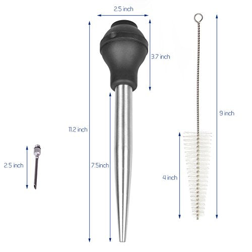  Home Servz Deluxe 304 Stainless Steel Turkey Baster Syringe Injector Needle With Cleaning Brush- Newest Black Silicone Bulb