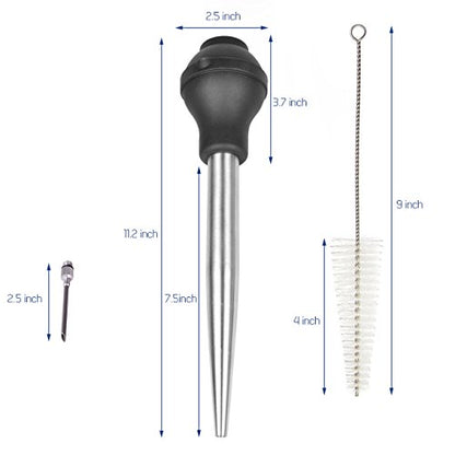  Home Servz Deluxe 304 Stainless Steel Turkey Baster Syringe Injector Needle With Cleaning Brush- Newest Black Silicone Bulb