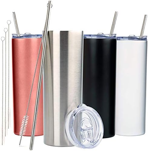  Kinny Tumblers With Lids And Straws (4 Pack) - 20 Oz Double Wall Insulated Slim Stainless Steel Silver Tumblers With Straw Cleaner | Reusable Travel Mug For Hot And Cold Beverages