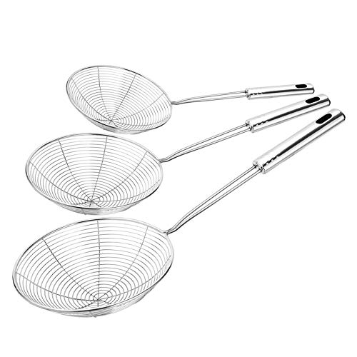  Iware Extra Large Spider Strainer Skimmer Spoon For Frying And Cooking - Set Of 3 Stainless Steel Wire Pasta Strainer With Long Handle, Professional Kitchen Skimmer Ladle - 13.8", 15" & 16.4"