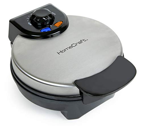  Nostalgia HomeCraft 7 Inch Round Stainless Steel Electric Belgian Thick Waffle Maker, Non Stick, Die Cast Aluminum, Easy To Clean